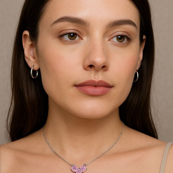 Pink Heart Crystal Necklace Dainty Minimalist Pendant Silver Tone Chain Gift NWT - Picture 2 of 7